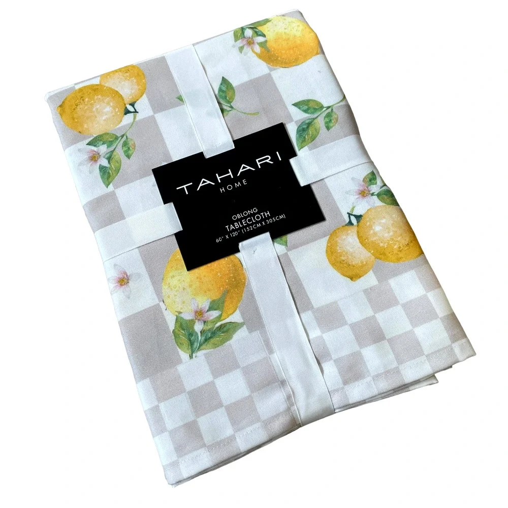 TAHARI Checkered Summer Lemons Tablecloth 60x120 Beige & White NEW